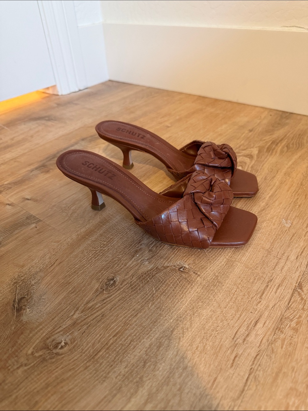 SCHUTZ Brown Woven Leather Knot Slide Heels